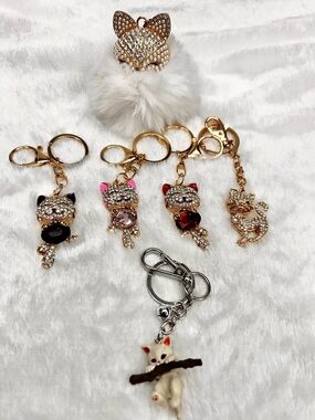 Cat Charm Bundle Set of 6 Rhinestone Pearl Keychains Purse Charms Cute